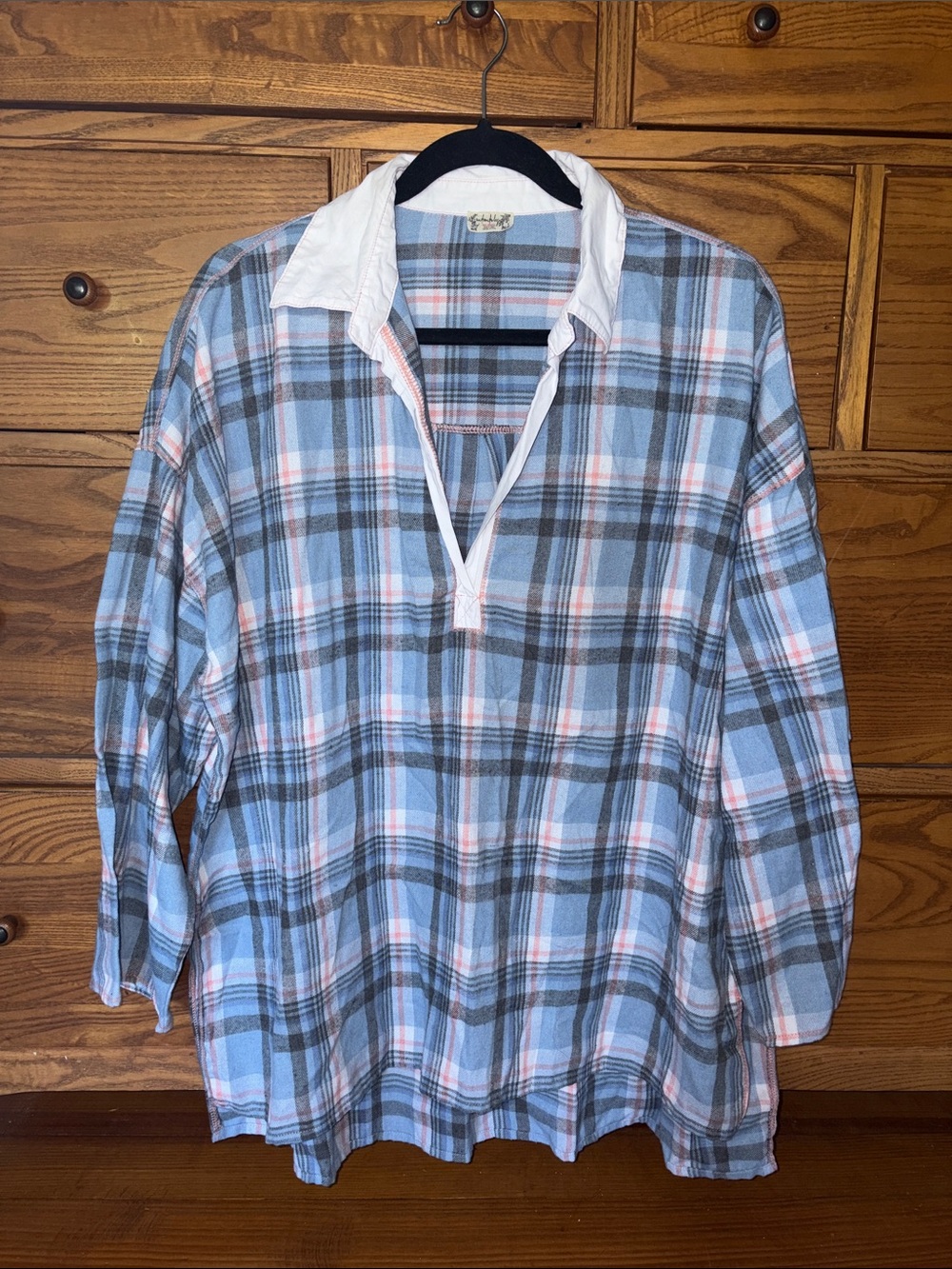 Free People Blue Plaid Long Sleeve Pullover Shirt with White Collar